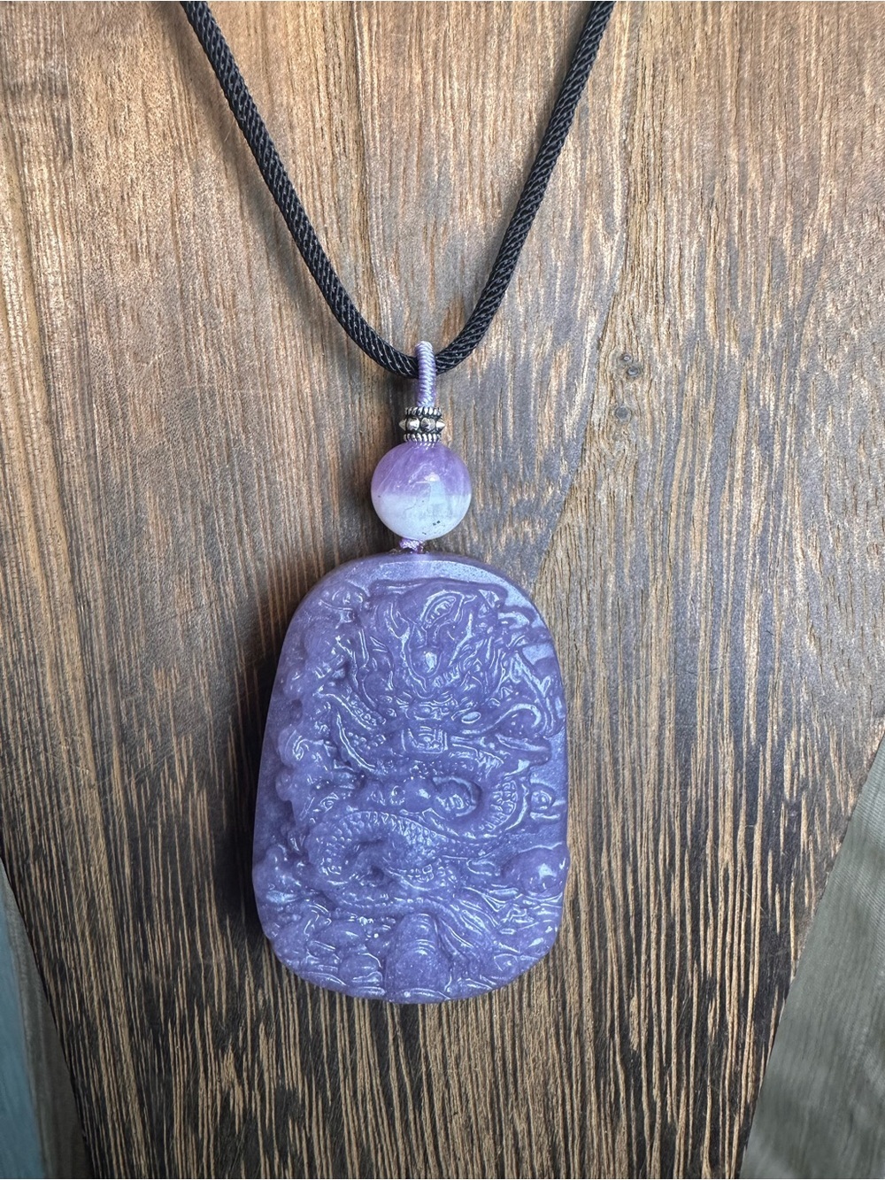 Lavender Carved Ocean Jasper Dragon Pendant Necklace with Half Bowl Amethyst - Picture 12 of 16